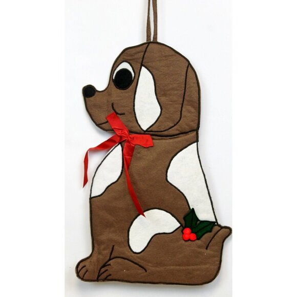 Vtg 1986 CD Creations 20.5" Christmas Stocking Hand Made Brown Smiling Puppy Dog - Picture 1 of 4